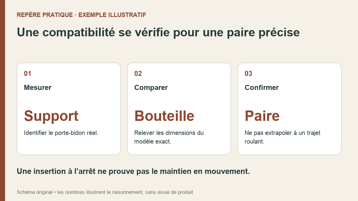 Vérification d’une paire spécifique : mesurer le support, comparer la bouteille exacte, confirmer auprès du fabricant.